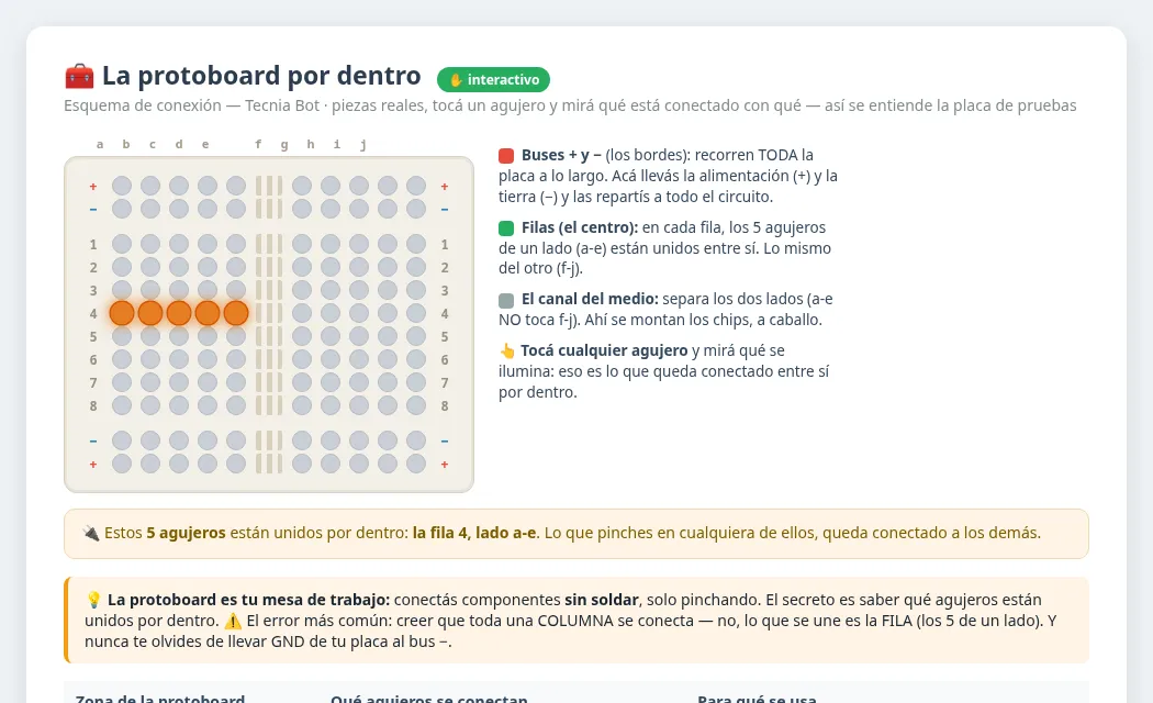 Explicador interactivo de protoboard de Tecnia Bot: una fila resaltada muestra qué agujeros están conectados por dentro